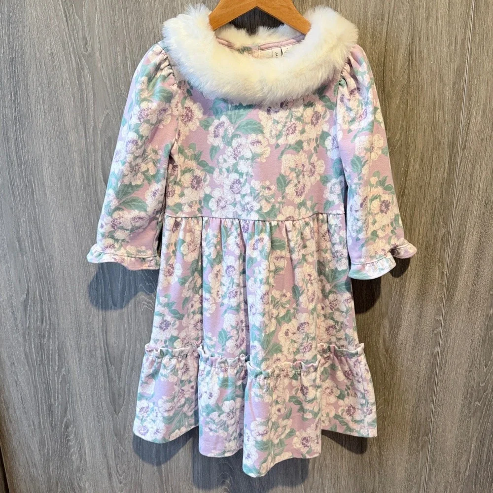 Janie & Jack Floral Dress Girls 8 Purple Faux Fur Collar Ruffle Trim Holiday NWT